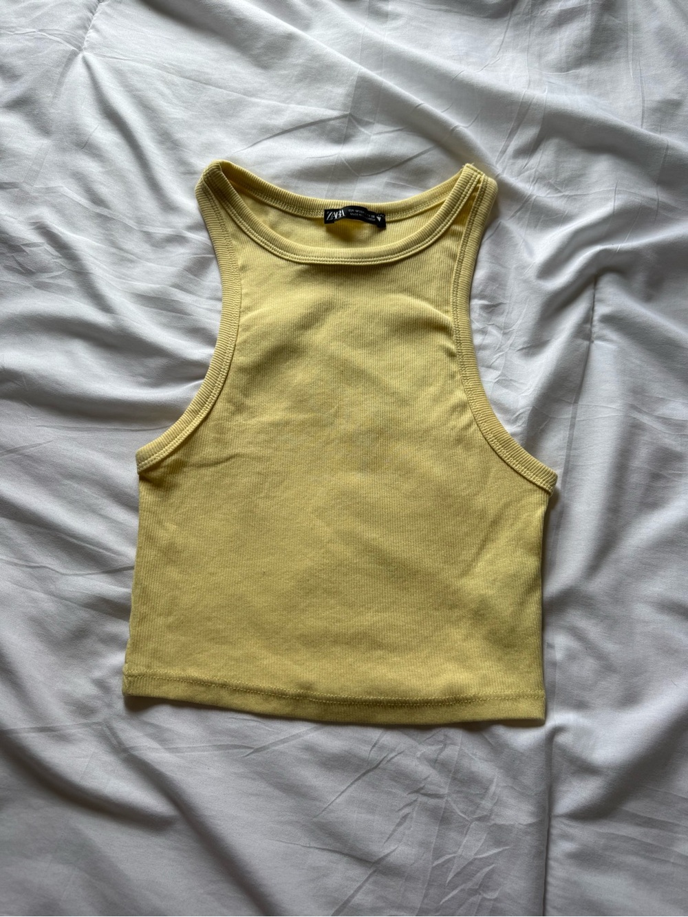 Zara Pale Yellow Ribbed Racerback Crop Tank